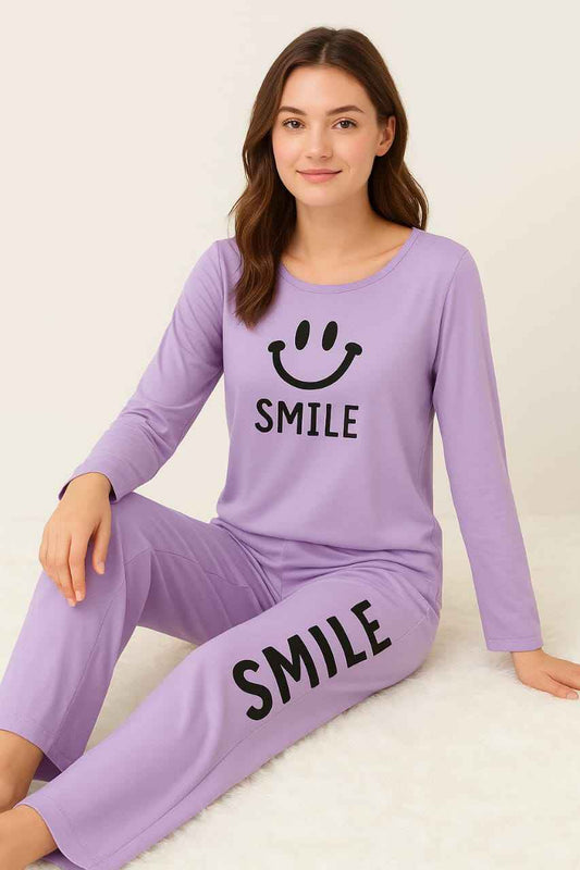 Ladies Soft Jersey Night Suit – Lavender Smile Print