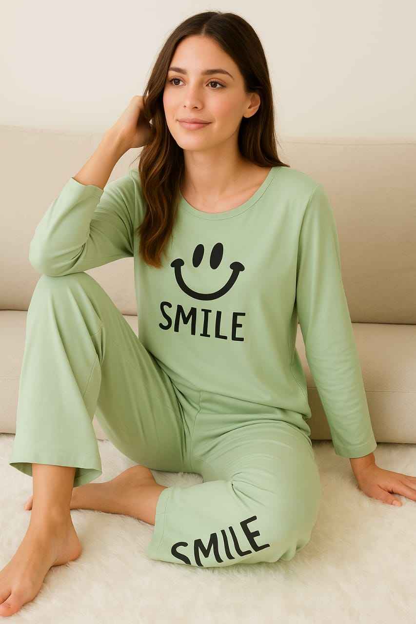 Ladies Soft Jersey Night Suit – Green Smile Print