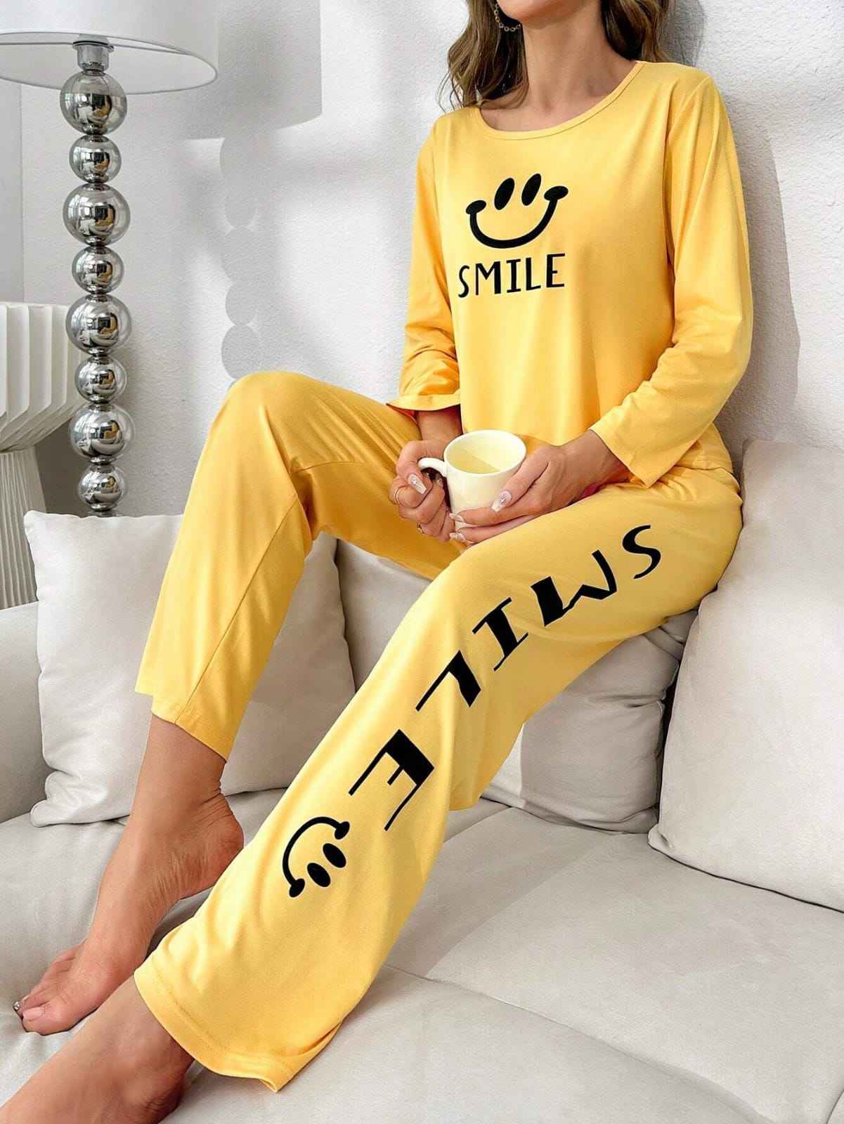 Ladies Soft Jersey Night Suit – Yellow Smile Print