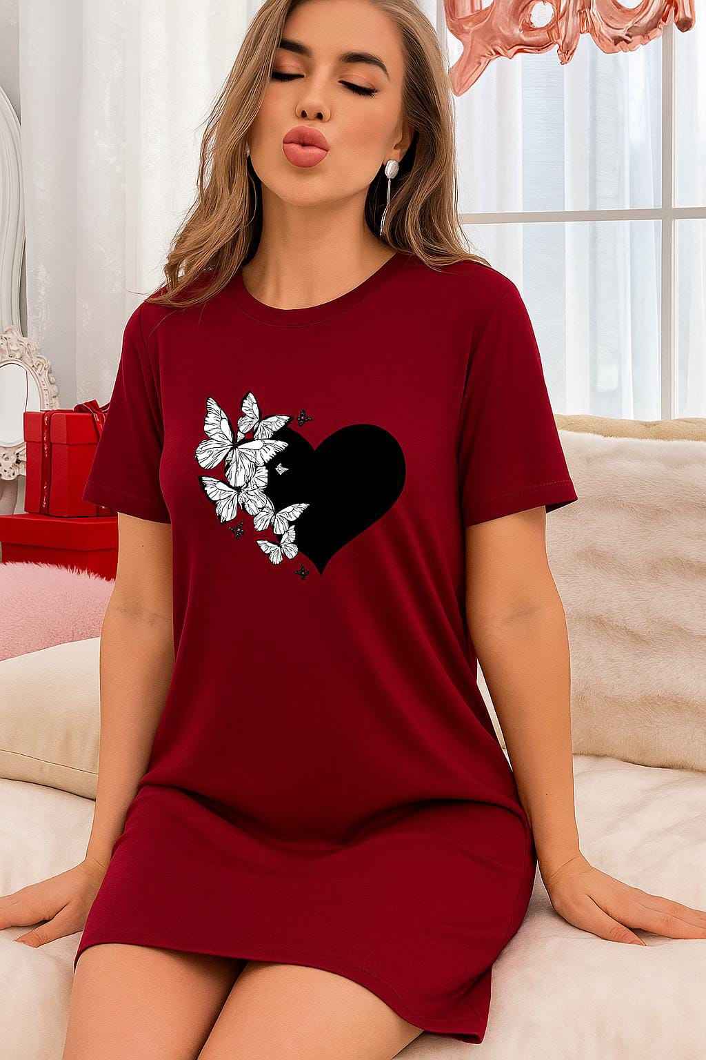 Maroon Heart & Butterfly Print Women’s Long T-Shirt