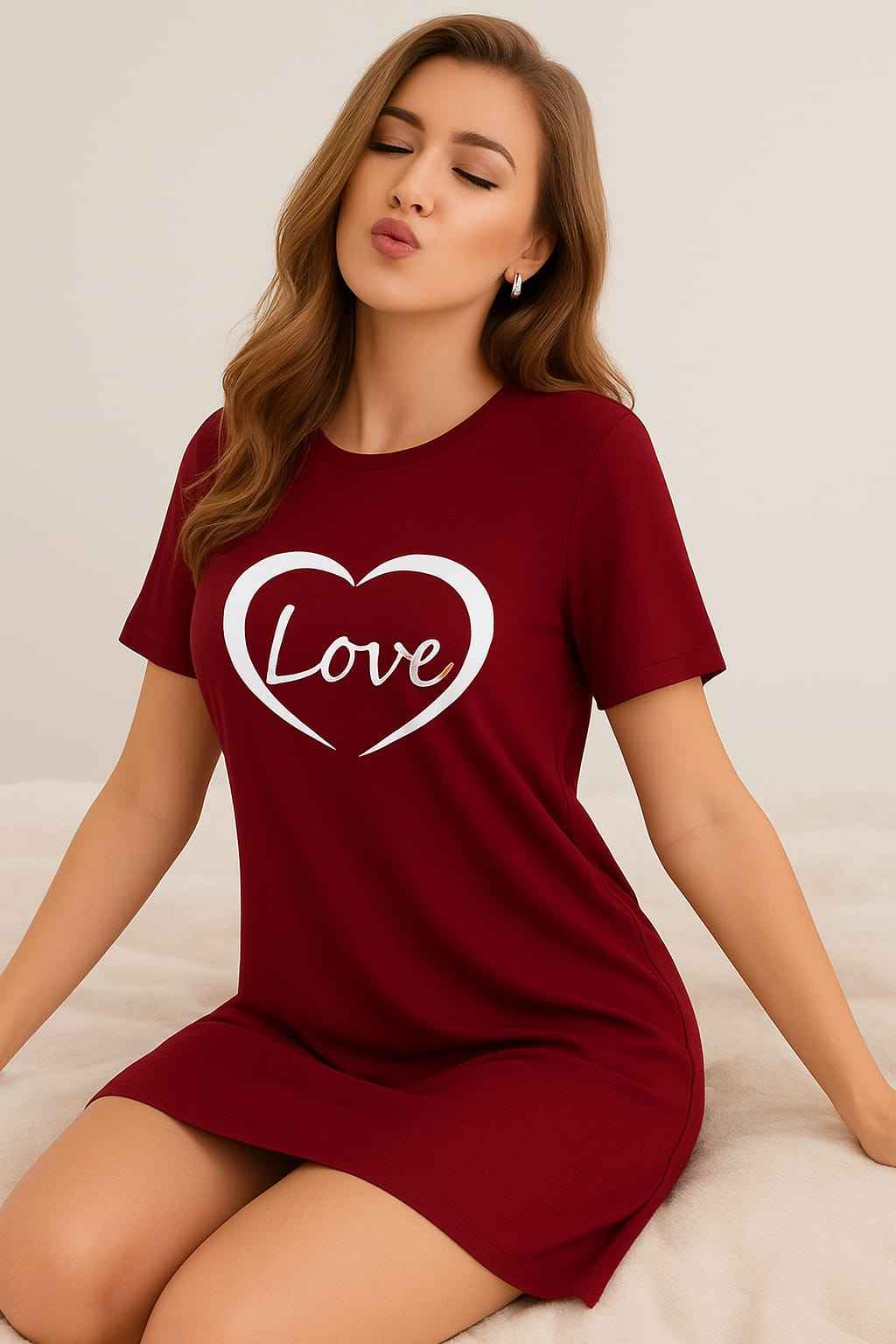 Maroon "Love" Print Women’s Long T-Shirt