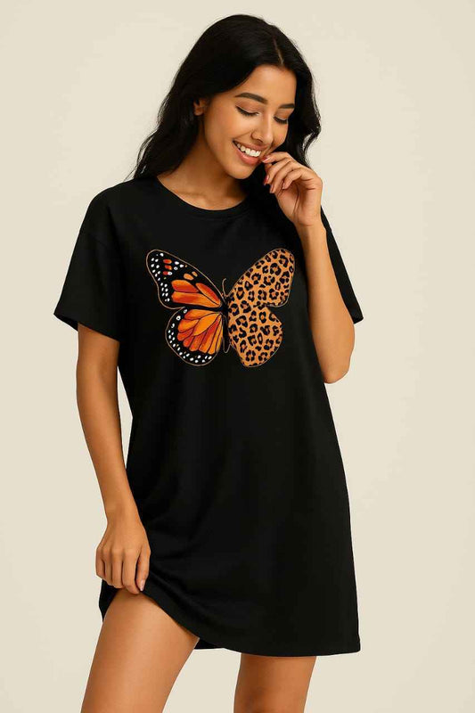 Black Long T-Shirt – Butterfly & Leopard Print (Copy)