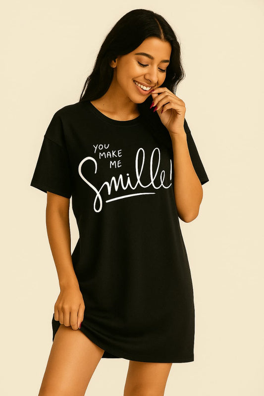Black Women Long T-Shirt – “You Make Me Smile” Print