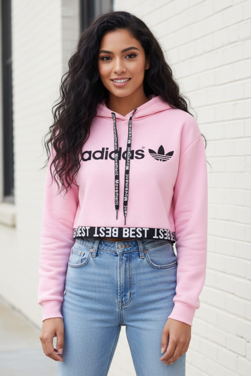 Pink Crop Style Fleece Hoodie – Adidas Inspired (Winter Wear)