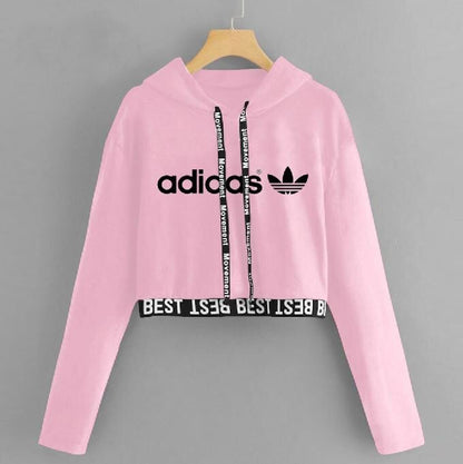 Pink Crop Style Fleece Hoodie – Adidas Inspired (Winter Wear)
