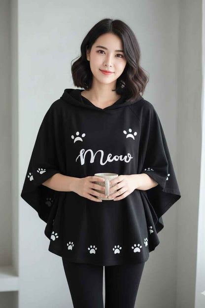 Round Style "Meow" Hooded Poncho – Double Fleece, Free Size for Women