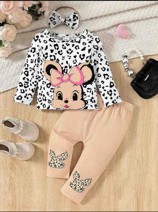 Girls Cartoon Bow Outfit Set – 2 Pcs (Top + Pants)