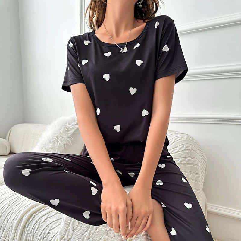 Black Heart Print Nightwear Set – Stylish & Comfortable