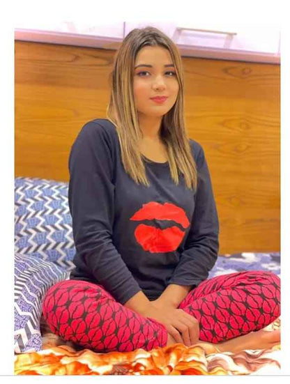 Trendy Black & Red Lip Print Nightwear Set – Soft Cotton