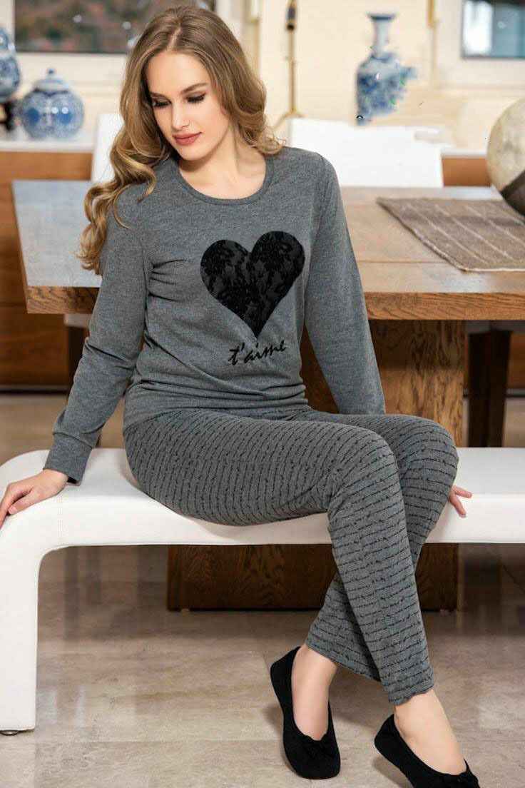 Elegant Grey Heart Print Nightwear Set – Soft & Cozy