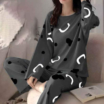 Trendy Black & White Polka Abstract Nightwear Set – Relaxed Fit