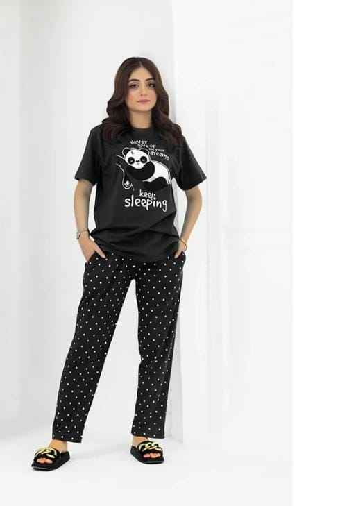 Black Printed Nightwear Set – Soft Cotton Pajamas