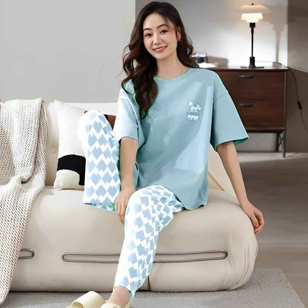 Light Blue Diamond Print Nightwear Set – Soft Cotton Pajamas