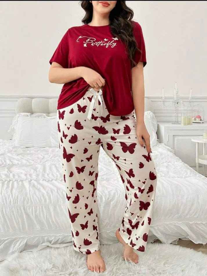Maroon Top with Floral Print Pajama – Women’s Nightwear Set