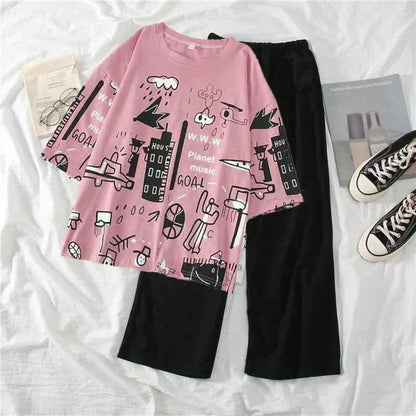 Pink Graphic T-Shirt & Black Pants Set