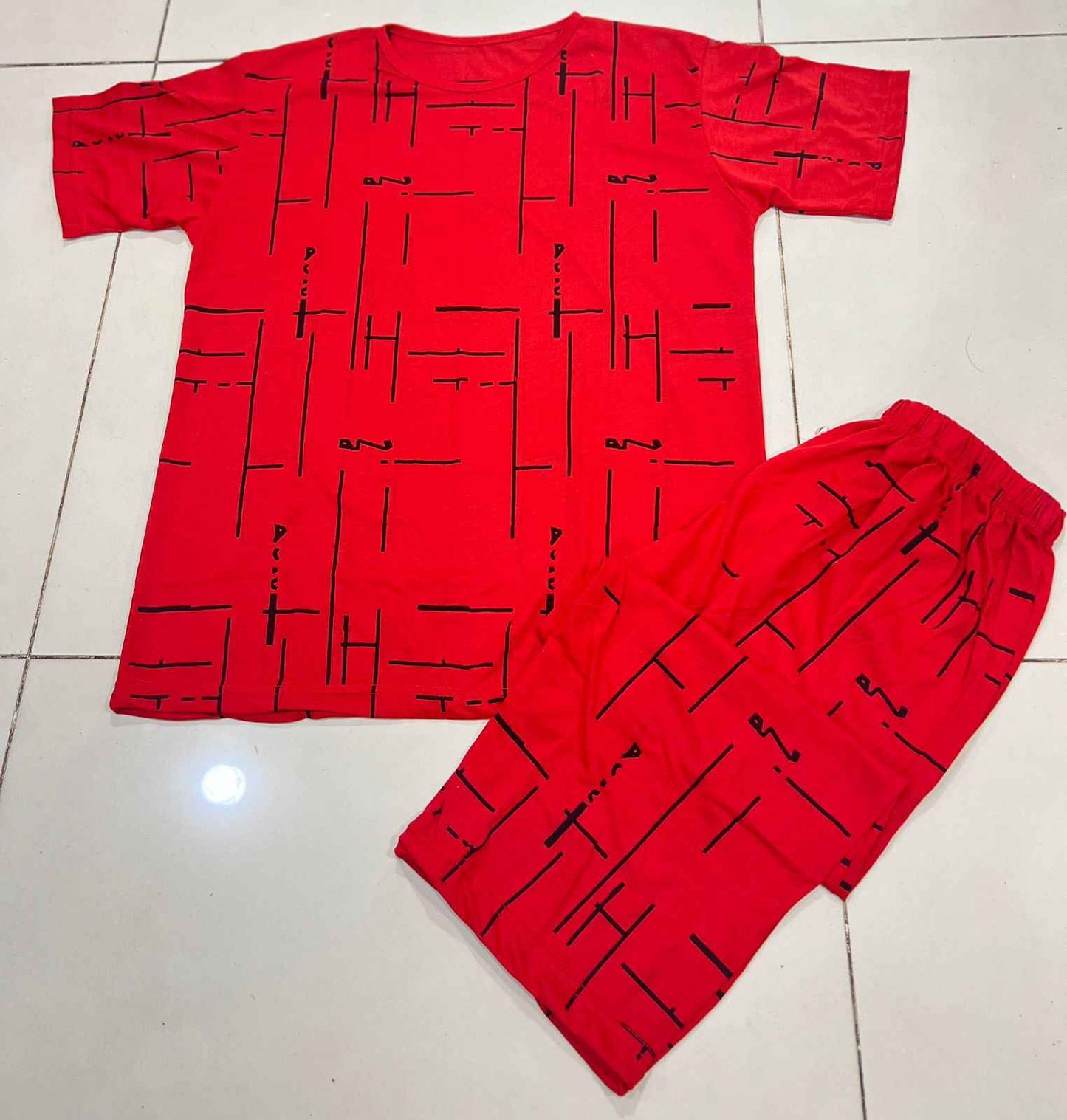 Red Geometric Printed Capri Nightsuit – Soft Jersey
