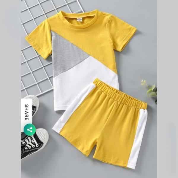 Trendy Kids Summer Outfit Yellow & White Color Block Set