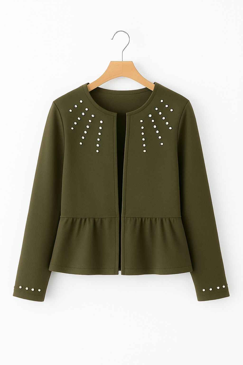 Olive Green Pearl-Studded Peplum Jacket
