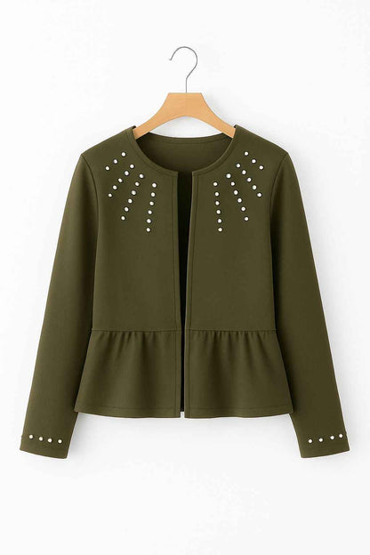 Olive Green Pearl-Studded Peplum Jacket