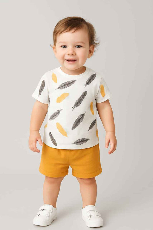 Feather Print T-shirt & Mustard Shorts Set
