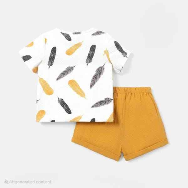 Feather Print T-shirt & Mustard Shorts Set
