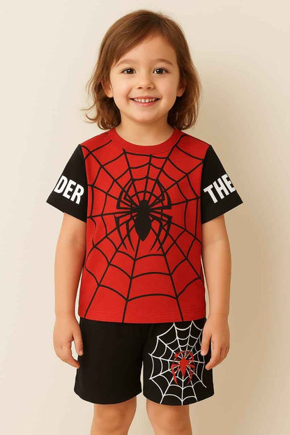 Red Spider Web T-Shirt with Black Shorts