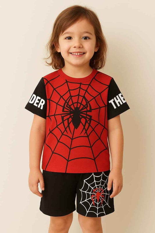 Red Spider Web T-Shirt with Black Shorts