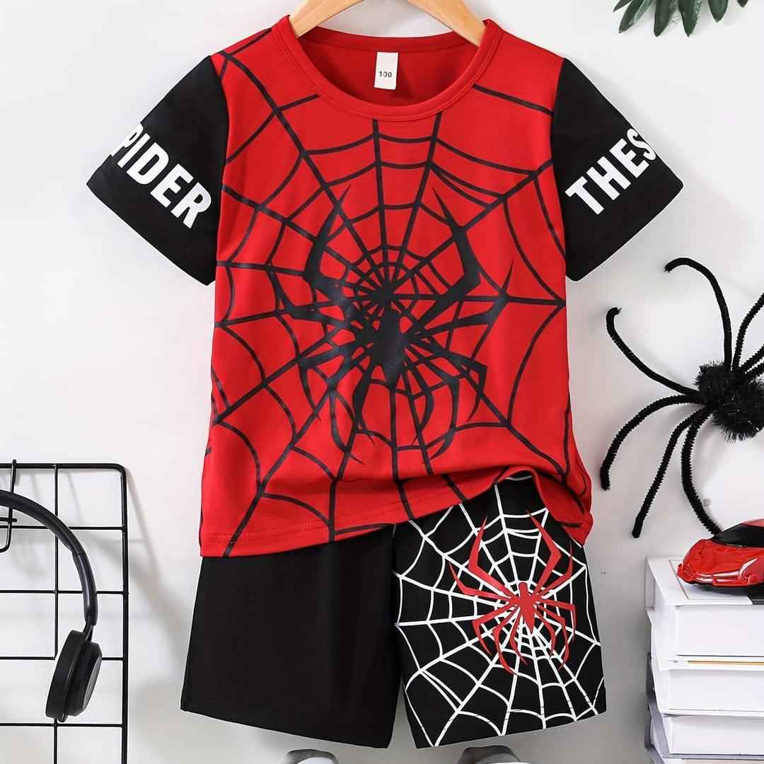 Red Spider Web T-Shirt with Black Shorts