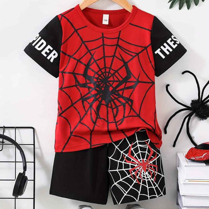 Red Spider Web T-Shirt with Black Shorts
