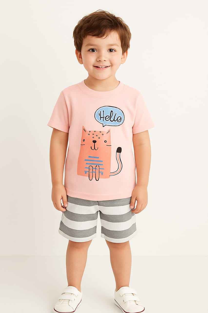 Cute Cat Print T-Shirt & Striped Shorts Set