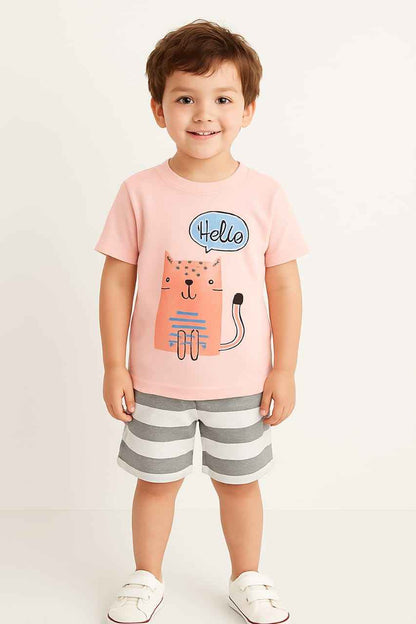 Cute Cat Print T-Shirt & Striped Shorts Set