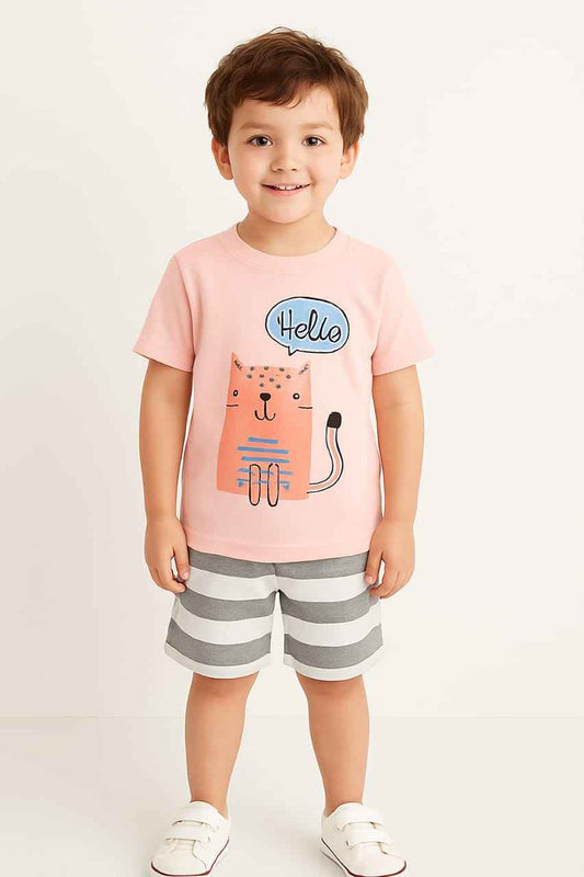 Cute Cat Print T-Shirt & Striped Shorts Set
