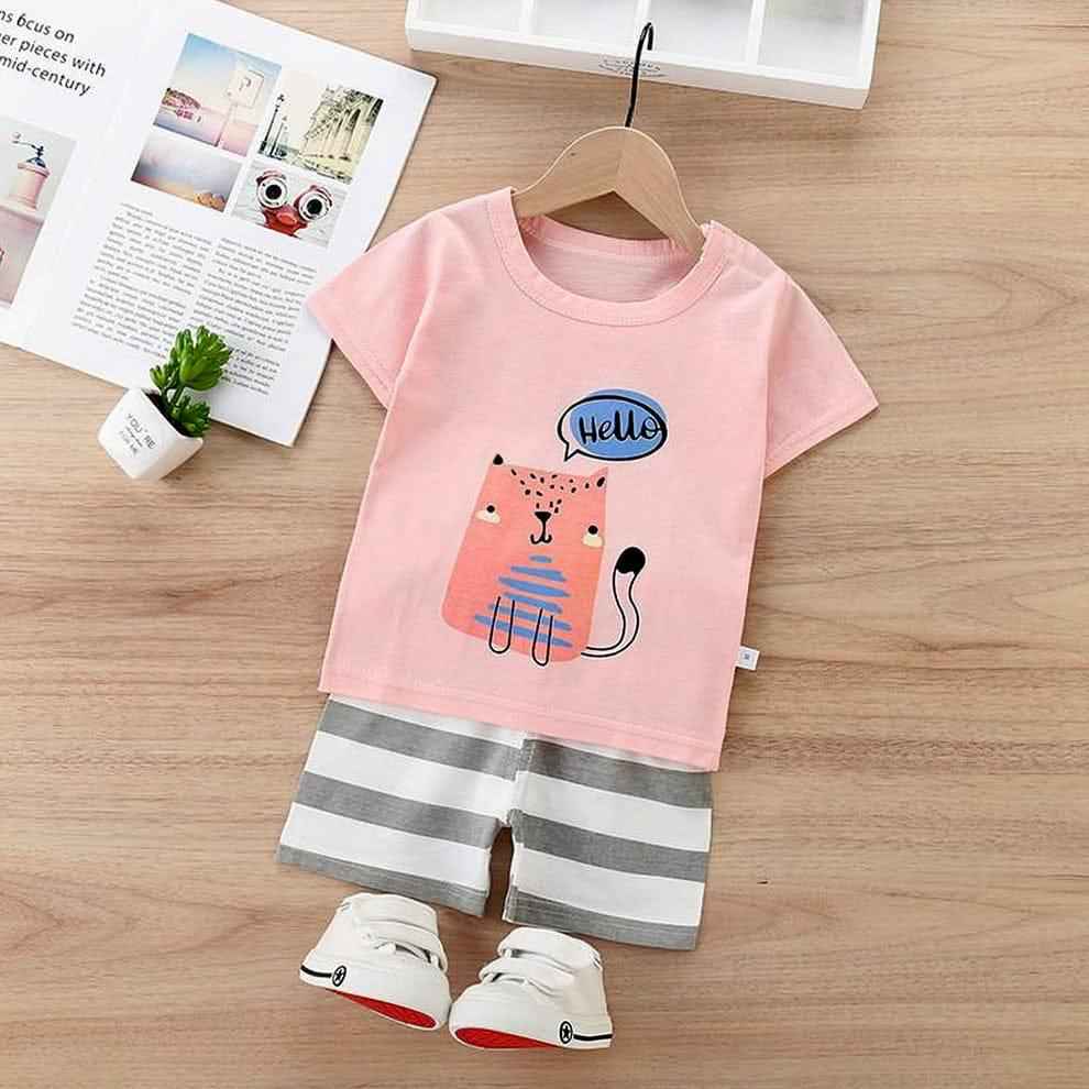 Cute Cat Print T-Shirt & Striped Shorts Set