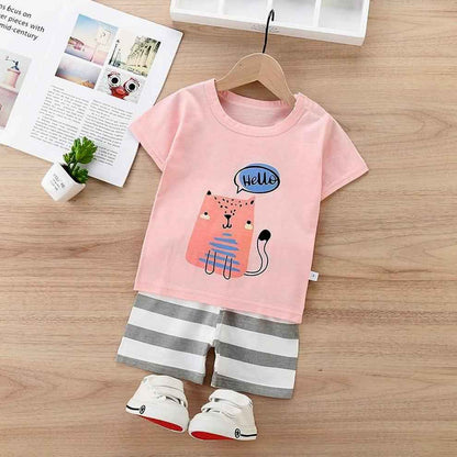 Cute Cat Print T-Shirt & Striped Shorts Set