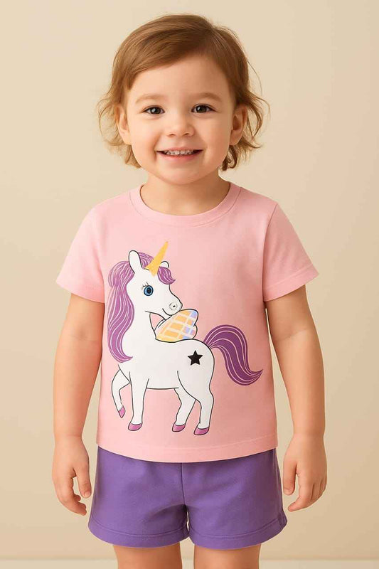 Pink Unicorn T-Shirt with Purple Shorts for Girls