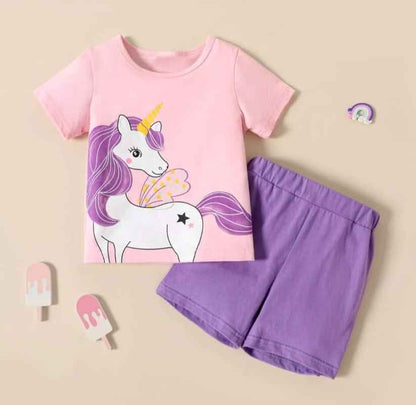 Pink Unicorn T-Shirt with Purple Shorts for Girls