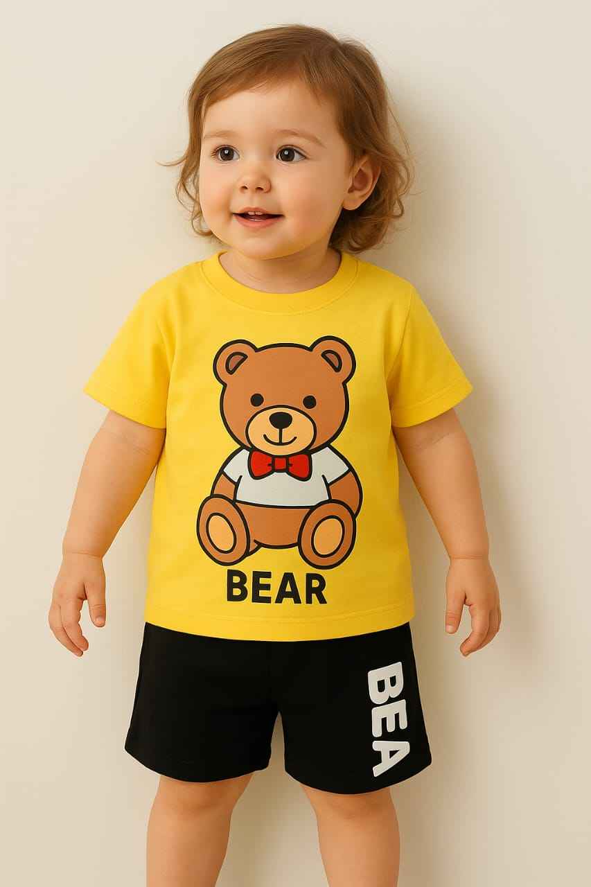 Yellow Bear T-Shirt with Black Shorts for Boys
