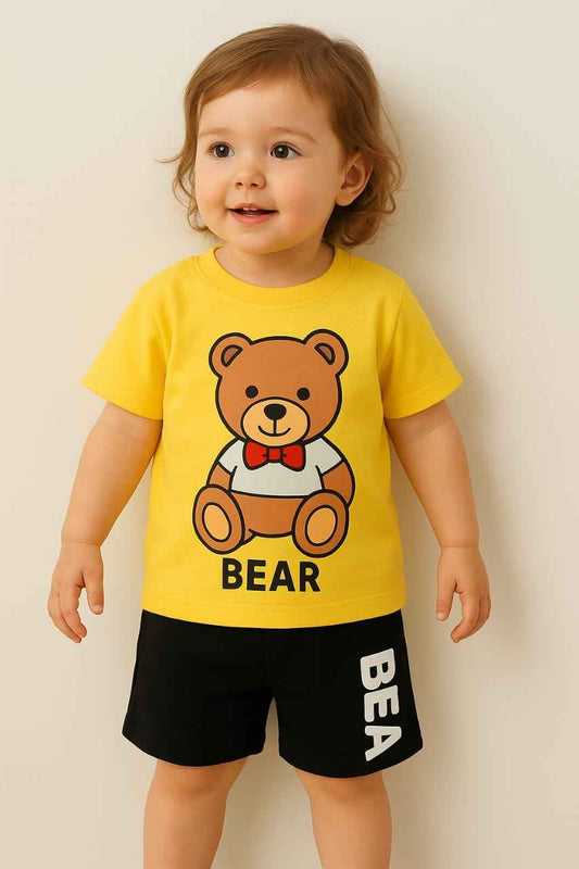 Yellow Bear T-Shirt with Black Shorts for Boys