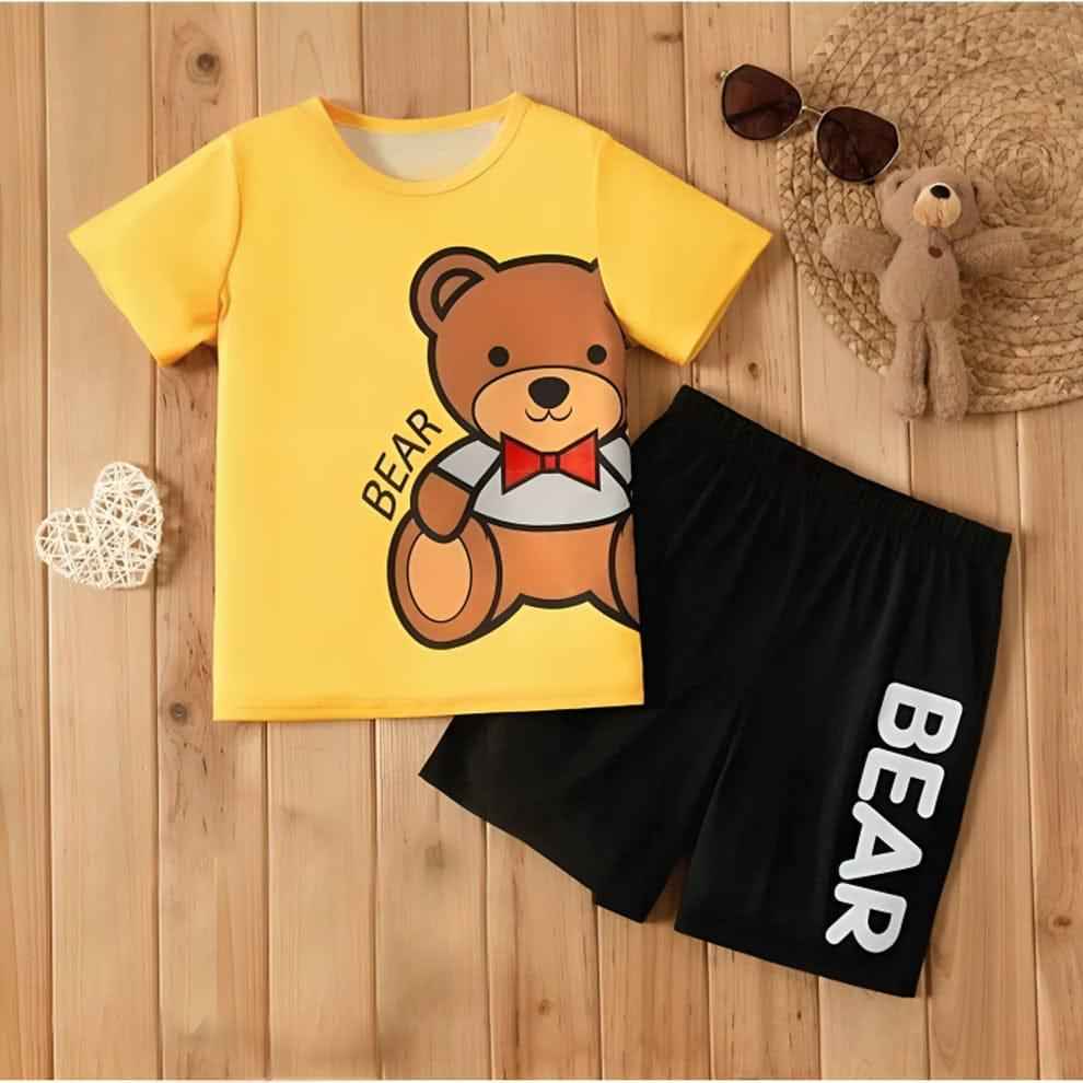 Yellow Bear T-Shirt with Black Shorts for Boys
