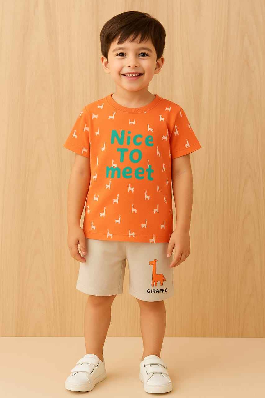Boys Orange Giraffe T-Shirt & Beige Shorts Set