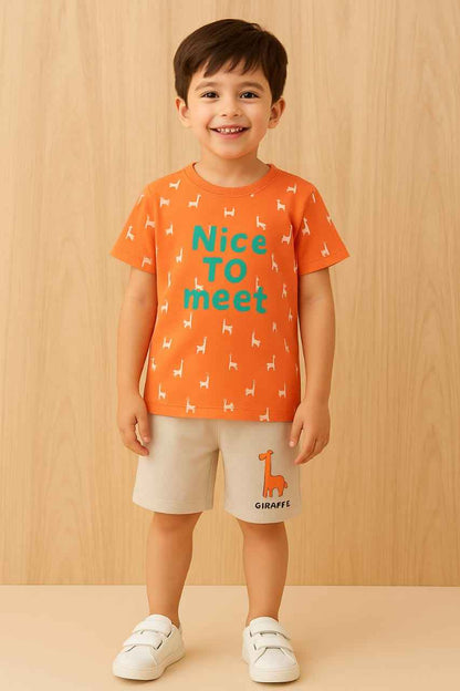 Boys Orange Giraffe T-Shirt & Beige Shorts Set