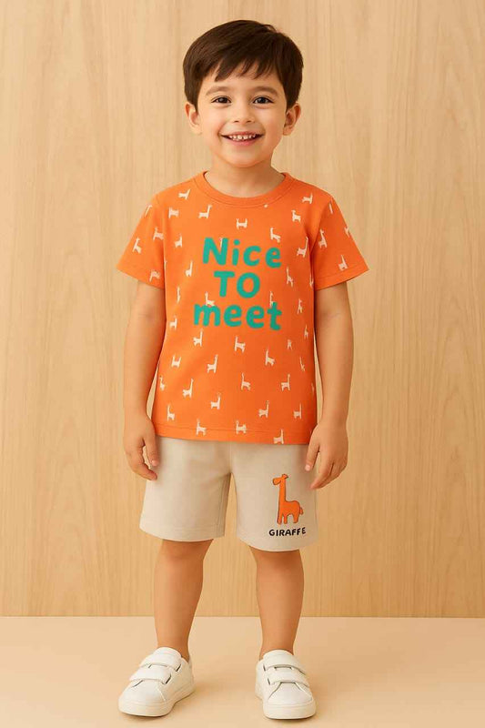 Boys Orange Giraffe T-Shirt & Beige Shorts Set
