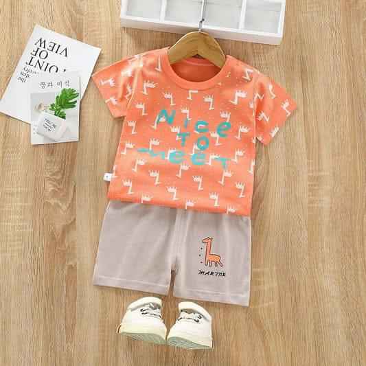 Boys Orange Giraffe T-Shirt & Beige Shorts Set