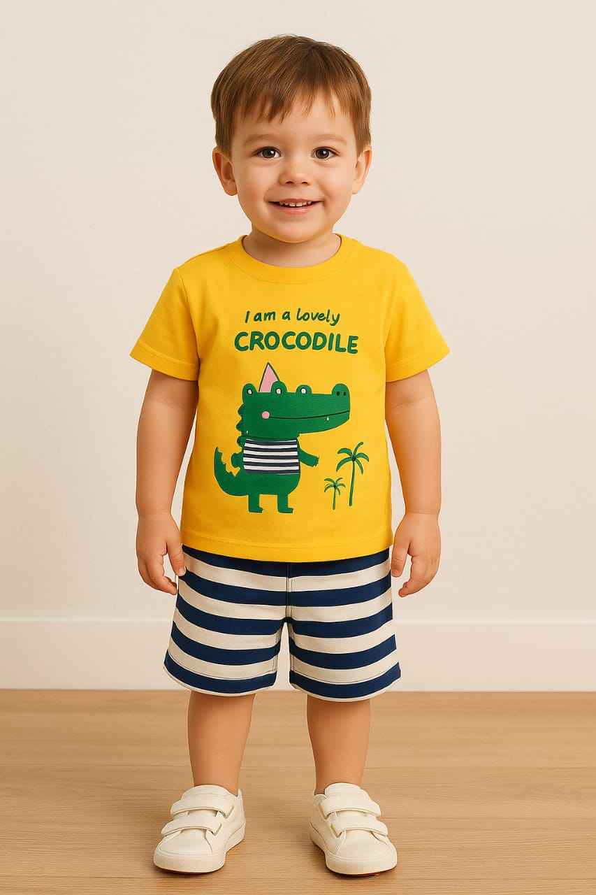 Yellow Crocodile Print T-Shirt with Striped Shorts for Boys