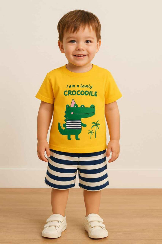 Yellow Crocodile Print T-Shirt with Striped Shorts for Boys