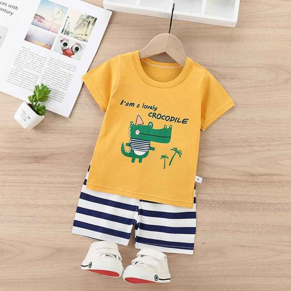 Yellow Crocodile Print T-Shirt with Striped Shorts for Boys