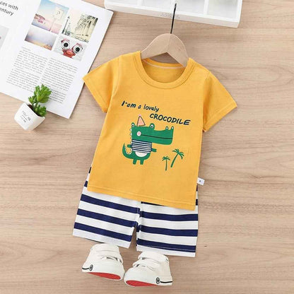 Yellow Crocodile Print T-Shirt with Striped Shorts for Boys