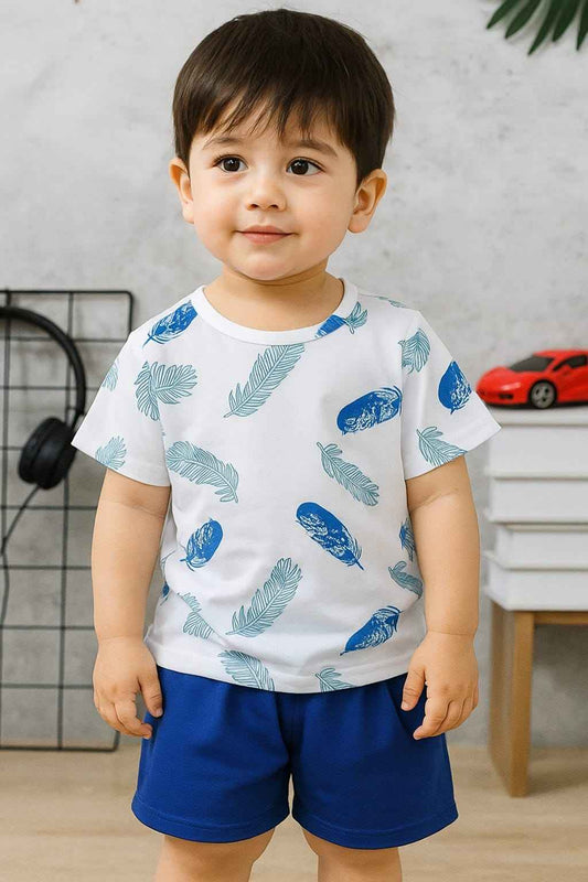 Feather Print White T-Shirt & Blue Shorts Set for Boys