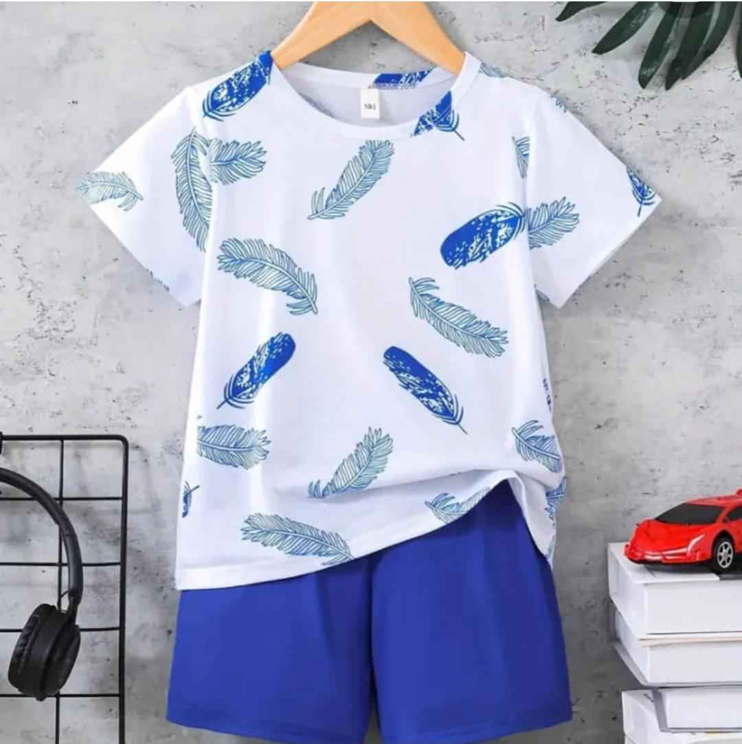 Feather Print White T-Shirt & Blue Shorts Set for Boys