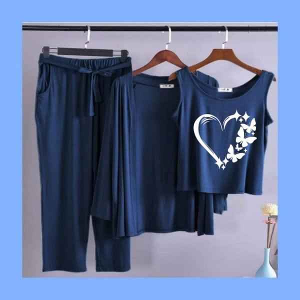 Summer Cotton 3PC Night Suit – Heart & Butterfly Print